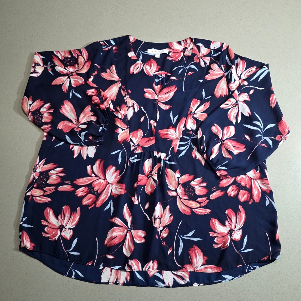 Marybelle Navy Blue Floral V-Neck Blouse Long Sleeve Empire Waist Top 2X
